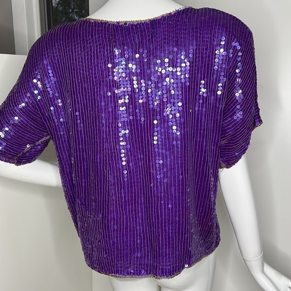 JLB Sz L Purple Silk Beaded Short Sleeve Blouse - Picture 3 of 5